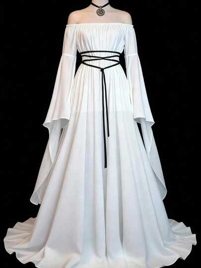 Sunspun White Color Chinese New Year Eve Solid Color Elegant Minimalist Cinched Waist Flare Sleeve Dress