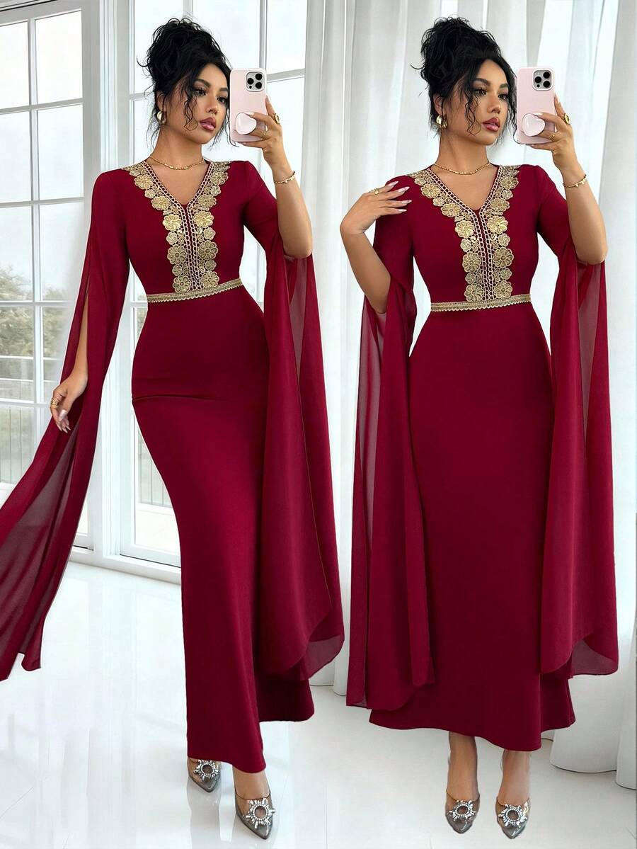 Rafferiza Elegant And Sophisticated V-Neck Long Dress With Gold Lace Embroidery, Fitted Waist, Hip-Hugging Knit, Stretch Chiffon, And Fairy Sleeves. Perfect For Spring And Summer. Also Suitable For Weddings, Evenings, Valentine's Day, Birthdays, And Other Occasions. A Red Dress For Women, Perfect For Weddings. - Burgundy - View 1