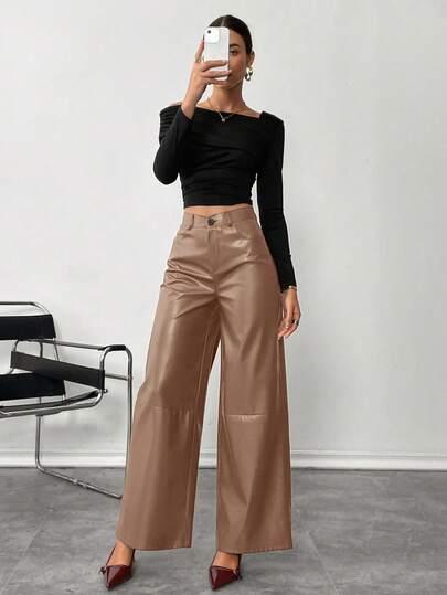 Siren Gaze Pantalones de cuero para mujer, de frente liso con botones, de estilo minimalista y casual, para uso diario, prendas inferiores para mujer