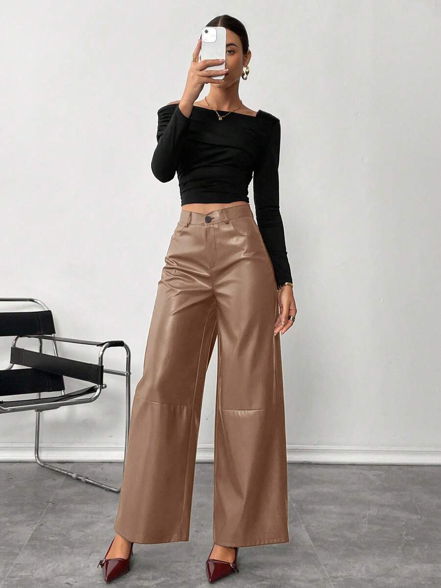 Siren Gaze Women's Leather Women Pants Plain Front-Button Minimalist Casual Pants, Daily Wear,Women Bottoms Winter Spring - Khaki - View 1