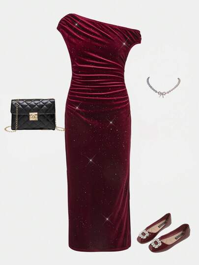 SHEIN Tween Girl Elegant Solid Burgundy Velvet Asymmetrical Ruffle Neck Fitted Long Sleeveless Dress, Suitable For Party New Year, Spring Festival, Suitable For Autumn Winter, Casual Daily Wear, School, Long-Sleeved Dress, Winter Dress Red Dress For Tween Girls Party Wear, Solid Burgundy Velvet Party Dress Sparkle Dress One-Shoulder Dress Red Glitter Dress Long Bodycon Dress