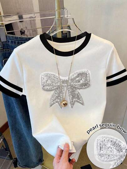 Resyla Summer Fashion New Design, Women's Casual Top, Elegant Classic Bow, Sequin Pearl Bow Decor, Suitable For Dates, Graphic Design, 3D Craftsmanship, Women's Short Sleeve T-Shirt, Contrast Stripe Pattern