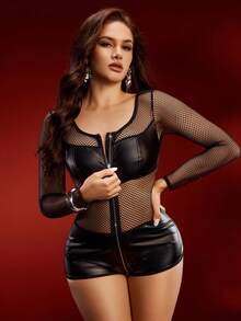 EmpressEnvy 性感女式紧身连衣裤，拉链，网眼拼接，亮面 PU 皮革，迷人，女强人，办公室警察，酒吧，派对，化妆舞会 - 黑色 - 查看 4