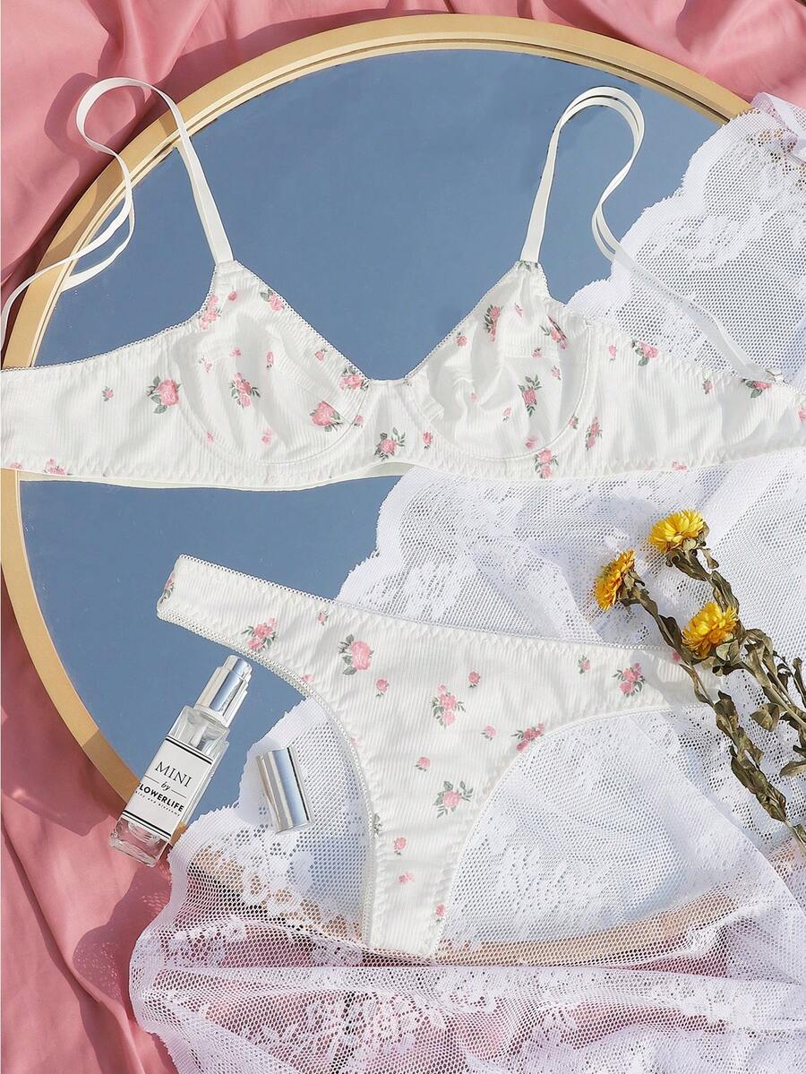 Floral Print Underwire Bra & Panty Lingerie Set - White - View 1