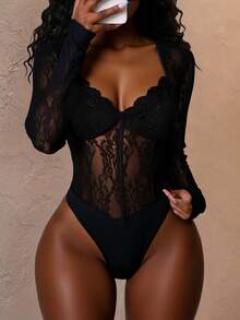 Slaydiva Spring & Summer New Year, Valentine's Day, Party, Banquet, Date, Birthday Party, College Style, Student Wear, Casual Daily Outfit, Basic Versatile, Casual, Cruise Travel, Viral Sensation, Elegant Romantic Sexy Party, Sexy, Square Neck, Lace Trim Collar, Waist Cinching, Black Lace, Sheer, Tight Bodysuit, Autumn/Winter Bodysuit, Sexy Bodysuit, Women's Bodysuit - Black - View 1