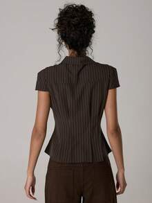 SHEIN X Scot Louie MUSERA Blusa con mangas de pétalos, cintura ceñida y rayas, top primaveral y veraniego, lindo y acogedor, estilo cottage core, primavera y Y2K, Coco Cloud - Marrón Chocolate - Ver 4