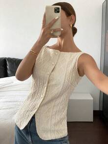 SHEIN PETITE CURVE 大码女式夏季几何纹理单排扣上衣，商务休闲奶油色上衣，优雅情人节、夏季、狂欢节女装、派对、海滩装扮 - 杏色 - 查看 2