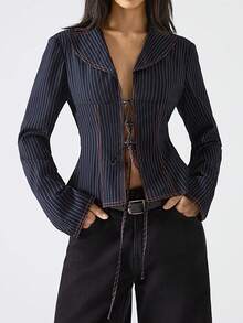 LYSMO 2026 New Arrive Minimalism Spring/Summer Women's Striped Lapel Long Sleeve Front Tie Fashionable Blazer - Black - View 3