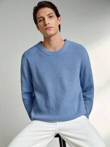 RONVEXI 男士休闲纯色圆领罗纹针织衫，秋冬季 - 淺藍色 - 查看 7