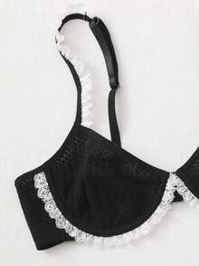 Contrast Lace Underwire Bra & Thong Lingerie Set, Kawaii - Black - View 5