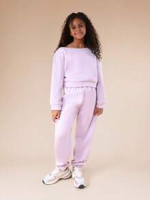 SUMWON Conjunto de sudadera con capucha oversize y pantalón jogger con estampado de número a tono para preadolescentes, conjunto a juego de dos piezas informal para vacaciones - Púrpura malva - Ver 6
