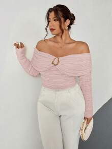 Firerie Plus Size Women Off-Shoulder Ruched Fitted Metallic Decor Textured Long Sleeve T-Shirt,Elegant,Dusty Pink,Autumn,Wedding Ninang Casual Spring Top - Pink - View 6