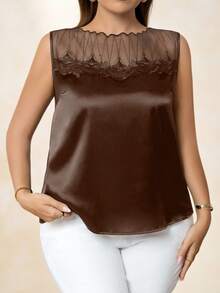 Chikora Plus Size Fashionable Elegant Mesh Patchwork Sleeveless Tank Top - Brown - View 3
