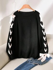 CosyJoli 大码女式休闲圆领抽绳袖丝带针织毛衣，秋季 - 黑色 - 查看 4