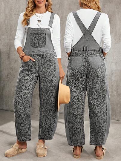 EMERY ROSE Women's Fashionable Vintage Leopard Print Patchwork Denim Bib Pants