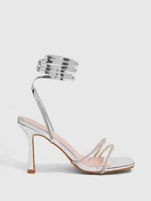 CUCCOO SZL Giày cao gót buộc dây đính đá Rhinestone trang trí cho nữ, thời trang để mặc hàng ngày - Bạc - Xem 6