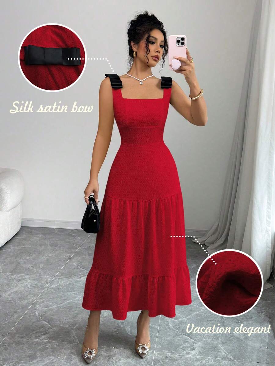 Elenzga Váy dự tiệc đi biển thêu nơ nhiều màu - Đỏ - Xem 1