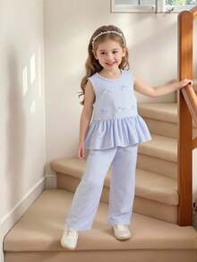 2pcs/Set Girls Elegant Bowknot Sleeveless Top And Wide Leg Pants Set - Baby Blue - View 1