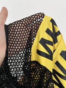 Whyspr Women's Sexy Fitted Long Sleeve Plus Size Mesh Patchwork Letter T-Shirt