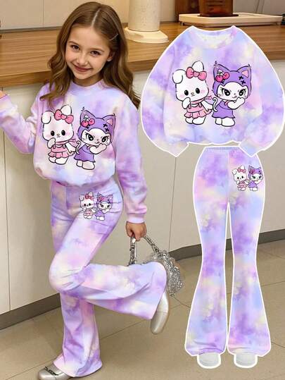 SHEIN Happikins Back To School Dopamine Tie-Dye Print, Lavender, Cute Cartoon Animal Print, Young Girl Casual Loose Fit Crew Neck Long Sleeve Sweatshirt And Flare Pants 2 Pieces Set, Suitable For Autumn/Winter Campus Style, Citywalk, Street Vibe, Casual Campus Sporty