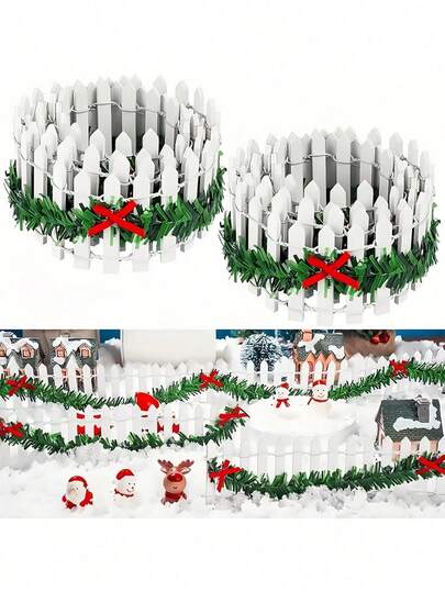 1set 35-Inch Miniature Christmas Village Garden Fencing, White Picket Fence With Festive Bows And Evergreen Garland, Decorative Manufactured Wood Barrier For Seasonal Home & Fairy Garden Decor