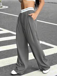 SHEIN EZwear 秋冬季休闲通勤撞色腰带阔腿西装裤 - 淺灰色 - 查看 5