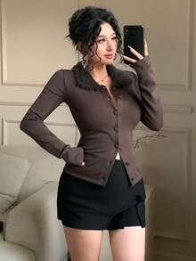 DAZY Áo khoác cardigan cổ tua rua thanh lịch dành cho nữ, Thu/Đông - Cà phê nâu - Xem 6