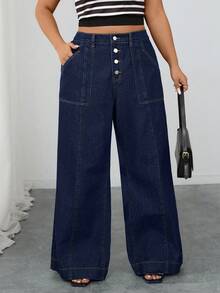 Elenzga Quần jeans ống loe màu xanh đậm không co giãn, thanh lịch và thoải mái dành cho nữ cỡ lớn, mùa thu/đông - Rửa tối - Xem 7