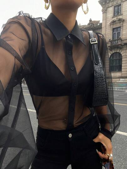 DAZY Avslappnad affärsblus med transparent mesh-mönster, minimalistisk kortärmad damskjorta Y2k Spring