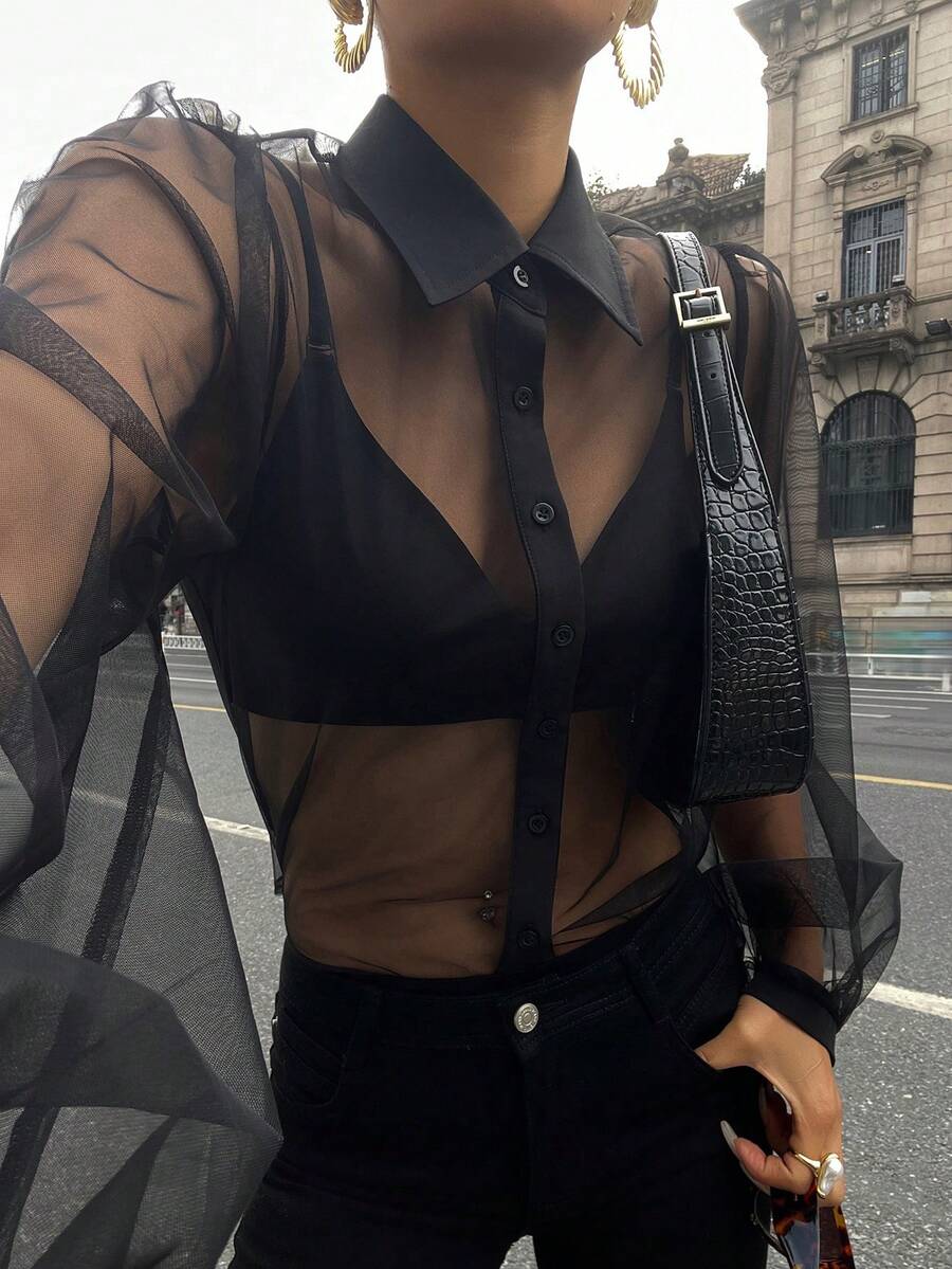 DAZY Casual Business Sheer Mesh Fitted Chiffon Blouse, Minimalist Short Sleeve Women Shirt Y2k Spring - Black - View 1