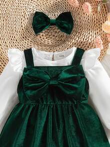 SHEIN Bộ ba món váy nhung xanh đơn giản thời trang cho bé gái, áo dài tay, cài nút, xếp nếp màu trắng, băng đô nơ, thích hợp mặc vào mùa xuân, mùa thu, mùa đông, mặc hàng ngày, ngoài trời, tiệc tùng, làm quà tặng - màu xanh lá - Xem 5