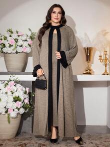 Modelyn 针织罗纹撞色开衫搭配无袖连衣裙，优雅时尚浪漫修身大码两件套 - 棕色 - 查看 5