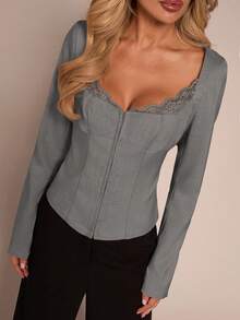 Glamine Sexy Office Lady Style Contrast Lace Buttoned Fitted Long Sleeve Jacket, Suitable For Office Wear And Everyday Casual - Grey - View 7