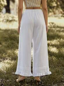 WESTFADE Linen Blend Elastic Waist Pintuck Ruffle Hem Loose Fit Wide Leg Pants,White,Autumn,,Picnic,Holiday,Casual Cute Western Wear Boho Winter NYE - White - View 5