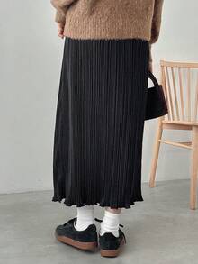 FRIFUL 女士纯色休闲纹理面料A字裙 - 黑色 - 查看 3