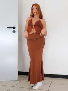SILVIA DI SANTO Women's Elegant Solid Color Ruched Mermaid Hem Skirt Maxi Women Outfit - Brown - View 4