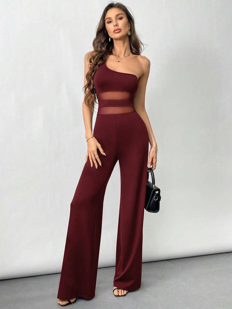 Firerie 女士优雅黑色露背吊带透视喇叭裤连体裤 - 酒紅色 - 查看 1