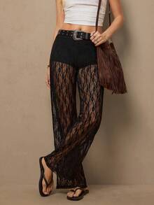 Freevana 女士弹力腰带花卉蕾丝直筒宽松时尚裤