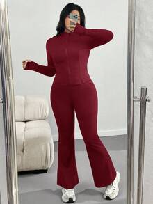 SHEIN EZwear Setelan 2 Potong Jaket Yoga Ringan Kasual Ukuran Besar dan Celana Flare, Pakaian Musim Gugur untuk Wanita - Burgundy - View 2