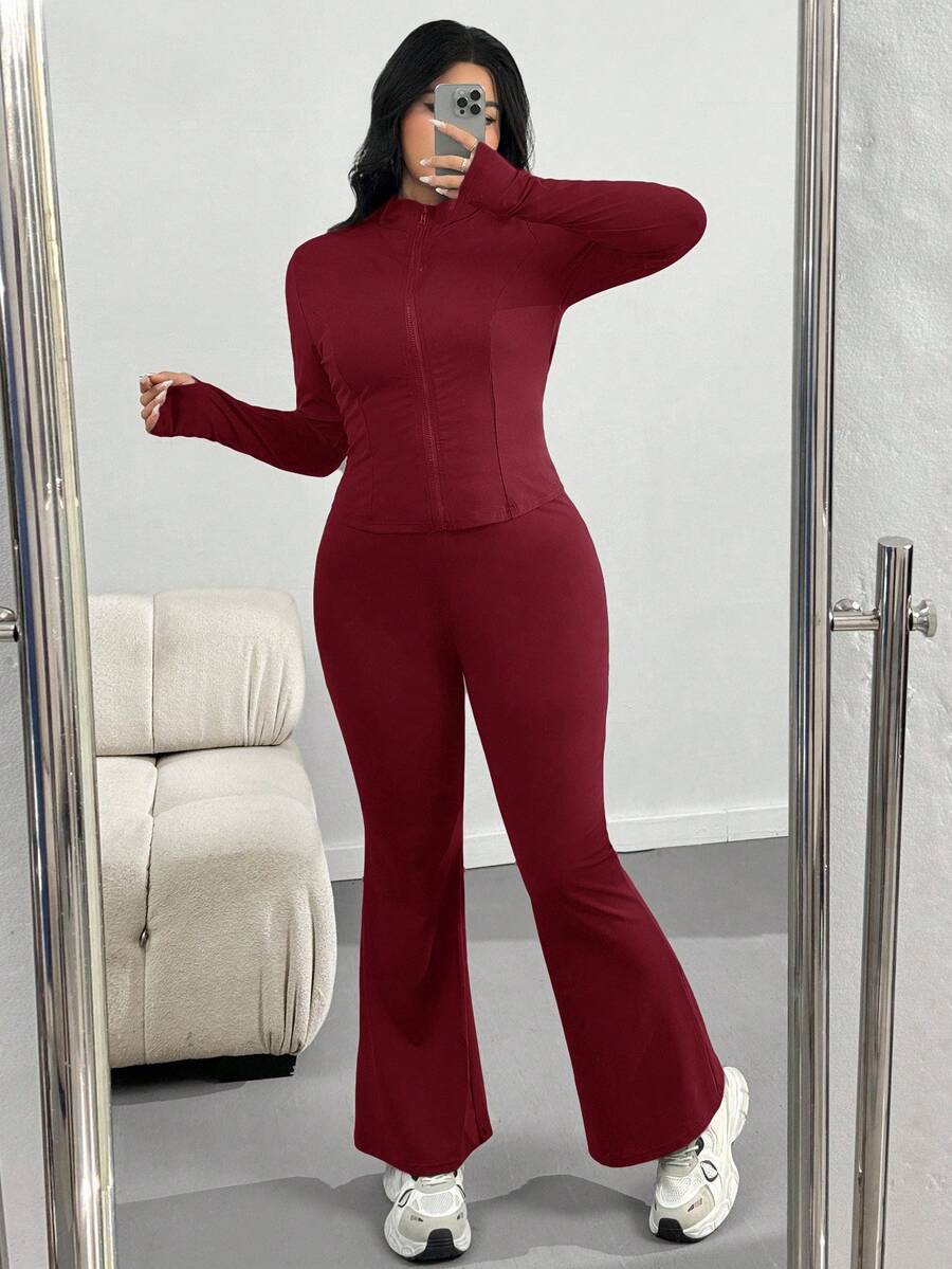 SHEIN EZwear Setelan 2 Potong Jaket Yoga Ringan Kasual Ukuran Besar dan Celana Flare, Pakaian Musim Gugur untuk Wanita