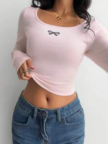 SHEIN Teen Girls' Casual Crew Neck Long Sleeve Fitted Top - White - View 8