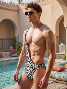 Manfinity Swimmode Sexy Summer Men's Leopard Print Sexy Asymmetrical Shoulder One-Piece Swimsuit, Summer Beach Mens Sexy Swimwear Swimsuits For Men Pool Clothes Men Men Leopard Swim Trunks Men Cheetah Print Swim Trunks