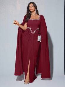 Viva Relle 大码女士优雅浪漫奢华宴会派对婚礼宾客雪纺灯笼袖圆领钻石装饰飘逸长裙（随机水钻装饰） - 酒紅色 - 查看 5