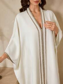 Al Najma Women's V-Neck Faux Pearl Decor Casual Loose Vacation Party Arabic Batwing Sleeve Dress Kaftan Jalabiya Dress - Apricot - View 5