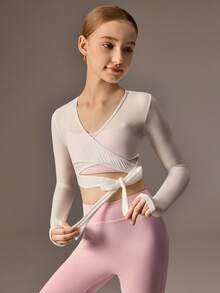 SHEIN Bộ đồ tập múa ba lê màu hồng cho bé gái tuổi teen, áo khoác lưới dài tay + áo ngực thể thao + quần legging 3 món, trang phục múa ba lê co giãn cao - Hồng - Xem 6