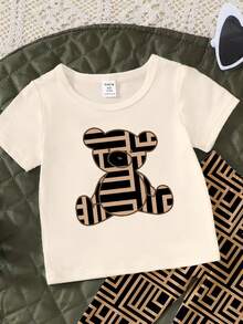 SHEIN Playful Pals Baby Mädchen Lässig Mode kreatives Bären- & geometrisches Muster bedrucktes Kurzarm T-Shirt und Leggings Set - Verschiedenfarbig - Übersicht 5