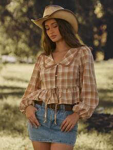 WESTFADE Plaid Woven V Neck Ruffle Collar Button Front Tie Long Puff Sleeve Peplum Top Fall, Autumn, Winter, Casual, Cute, Western Wear, Boho, Christmas, New Years, NYE, Holiday