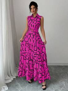 Elenzga New V-Neck Graphic Print Button Sleeveless Tie Waist Slim Fit Dress For Women - Hot Pink - View 5