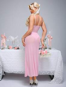 SHEIN 两件套：蕾丝撞色网纱无钢圈性感连体衣+迷你裙 - 粉色 - 查看 2