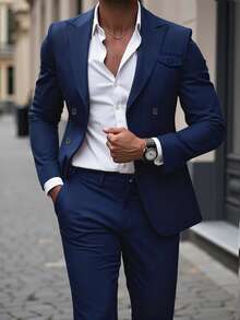 Manfinity Bizformal Bộ vest nam màu xanh hải quân hai hàng cúc, cổ ve áo, túi trang trí, kiểu dáng công sở thường ngày, vest nam công sở, vest hai hàng cúc màu xanh hải quân, vest nam dự tiệc, trang phục Halloween, mùa đông, phong cách cổ điển, trang phục dành cho nam giới giàu có, lễ hội, khách mời đám cưới, dạ hội, trang phục công sở nam, trang phục dự tiệc, Halloween, mùa đông, phong cách cổ điển, trang phục dành cho nam giới giàu có, lễ hội, khách mời đám cưới, dạ hội. - Màu xanh hải quân - Xem 3